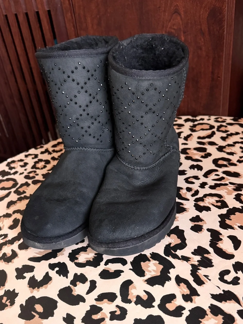 UGG Black Short Suede Boots with Rhinestoned Accent